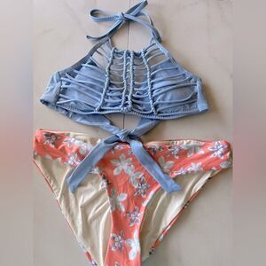 New BECCA knot tie braided halter top pink floral ruched bottom bikini set